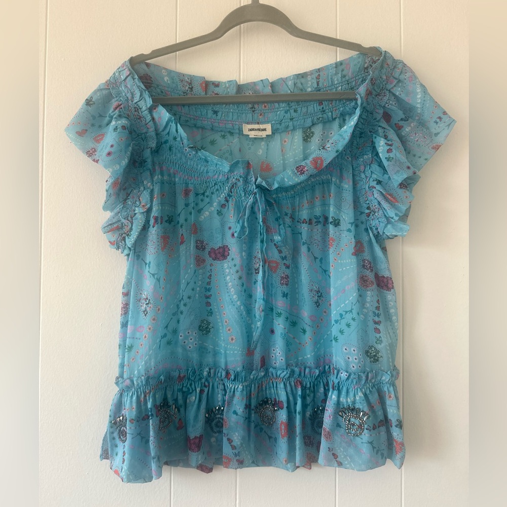 Zadig & Voltaire women’s Psyche sheer Top Tutti Print Turquoise Small
